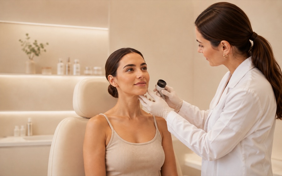 Dermatóloga revisando la piel de una paciente con dermatoscopio
