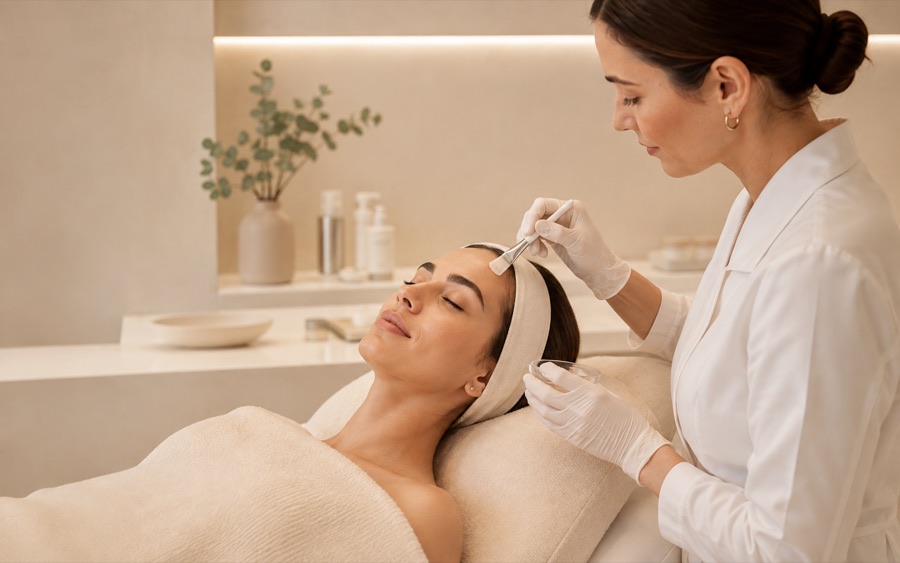 Aplicación de un tratamiento facial en la cabina de Úraga